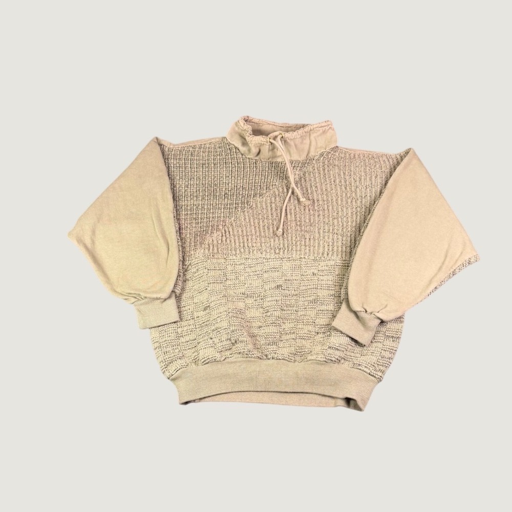 Vintage Italy 100% Cotton Knit Funnel Neck Sweater Tan Mens XL Mixed Media